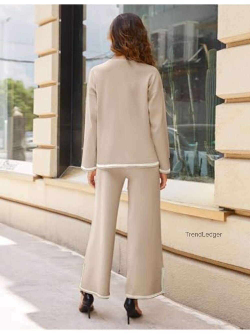 Women's 2 Piece Lounge Set Knit Sweater Top Wide Leg Pants Tracksuit - Picture 5 of 6